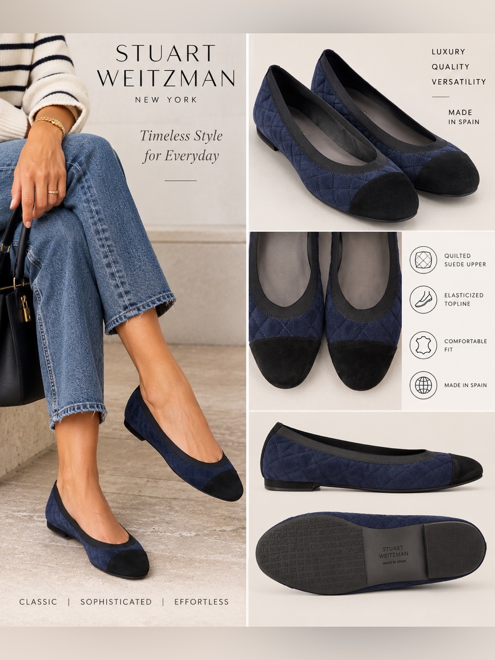 Stuart Weitzman Navy Quilted Suede Cap Toe Ballet Flats 8
